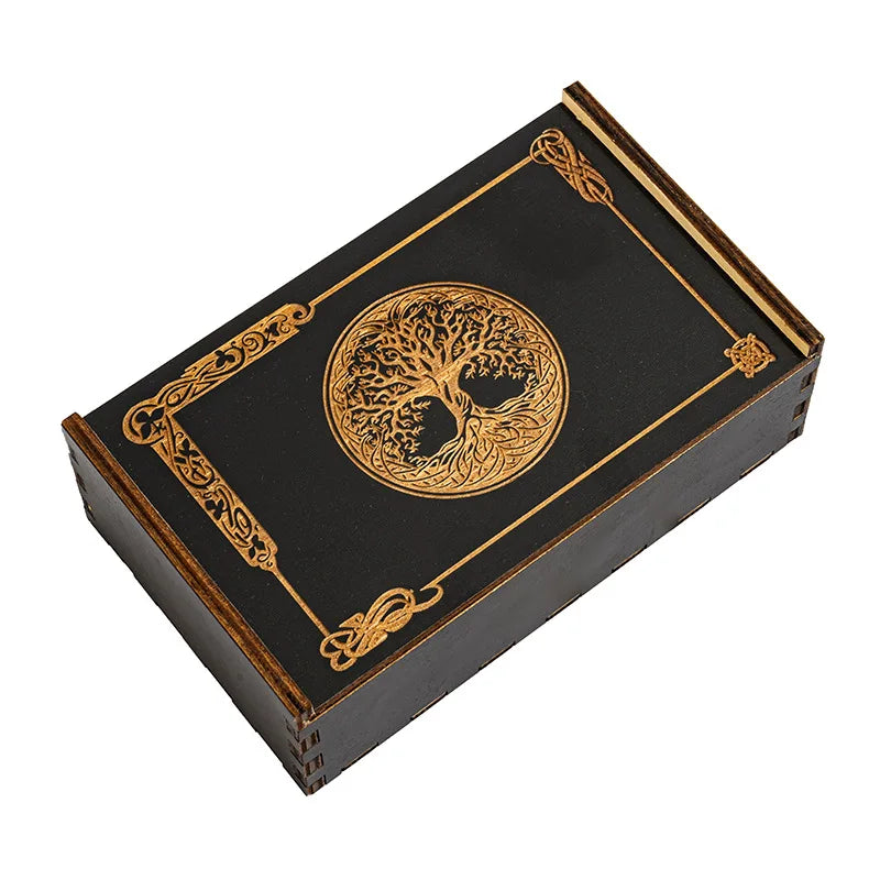 1PC Wooden Desktop Organizer Box Zodiac Lotus Slide Drawer Storage for Tarot Cards Gifts - Home Office Supply