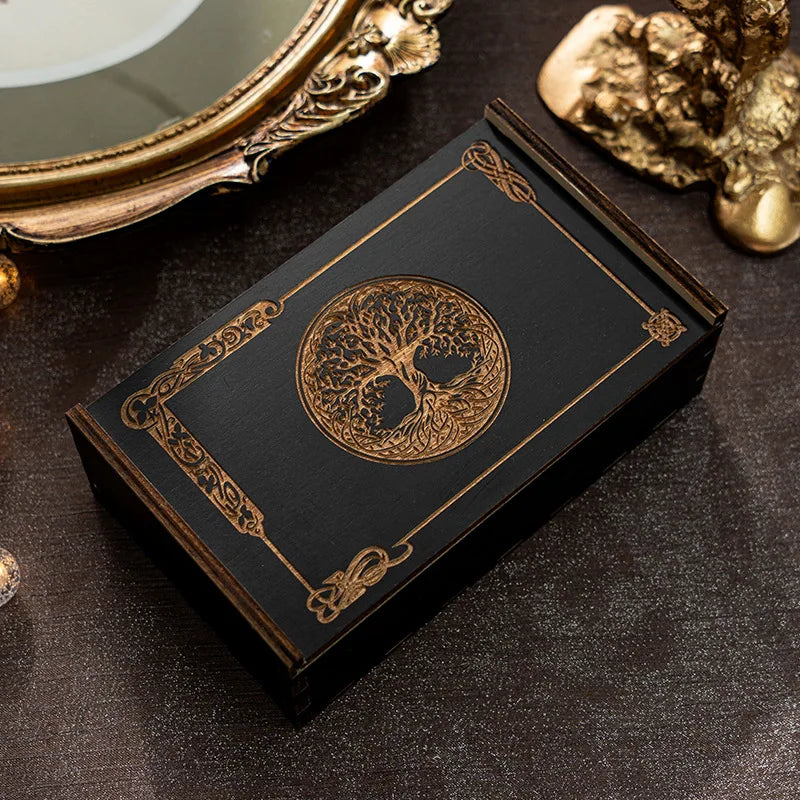 1PC Wooden Desktop Organizer Box Zodiac Lotus Slide Drawer Storage for Tarot Cards Gifts - Home Office Supply